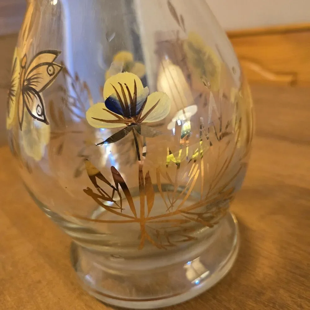 Vintage MCM Romanian Blown Glass Decanter Gold Detail Butterfly Flowers, 15